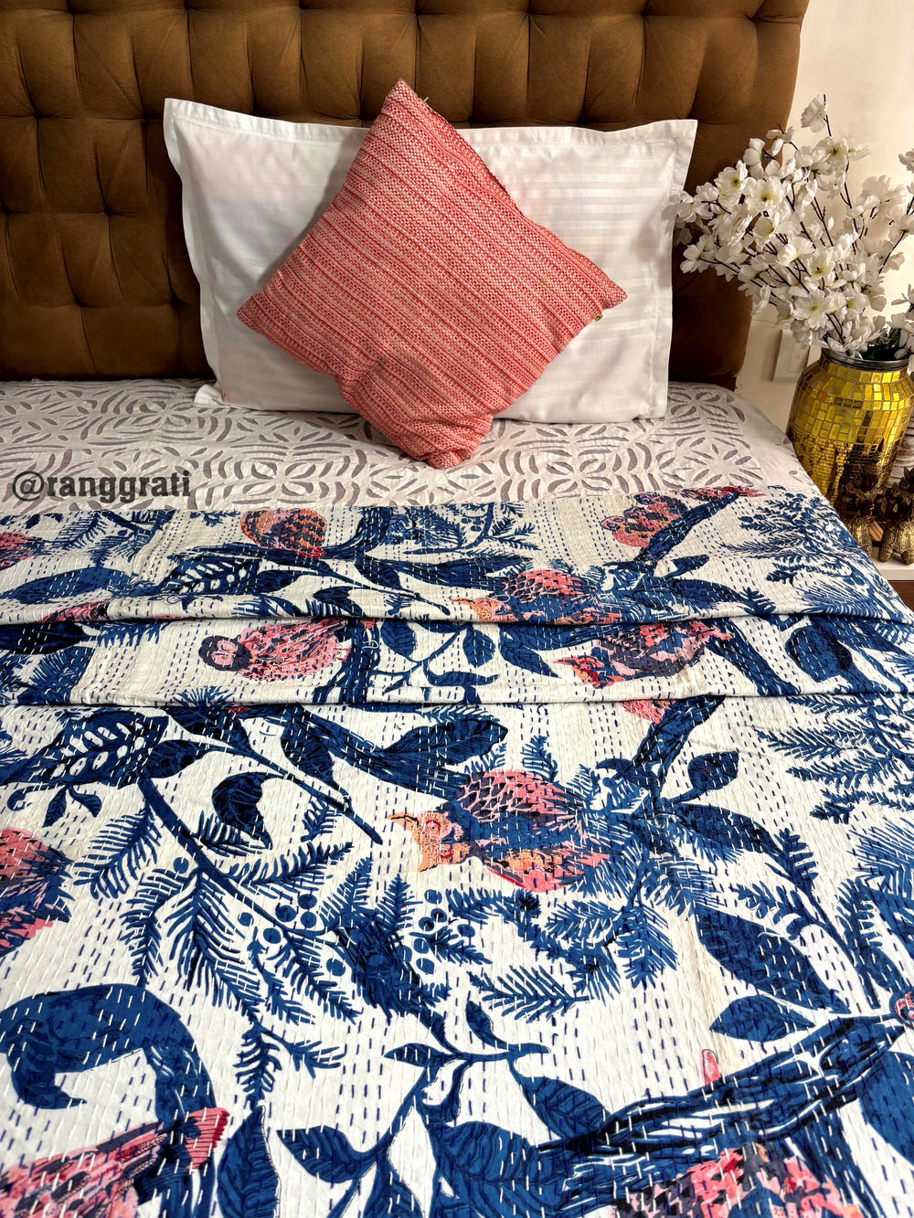 King Size Blue Birdie Kantha Bedcover For Double Bed