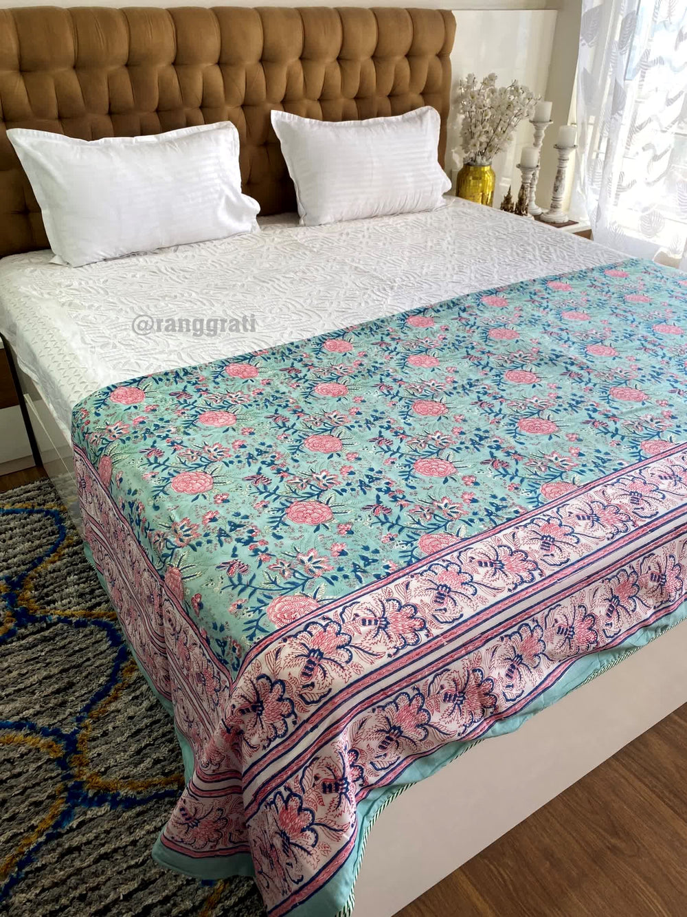 Blue Floral Double Dohar For Double Bed In Mulmul Cotton - Dohar