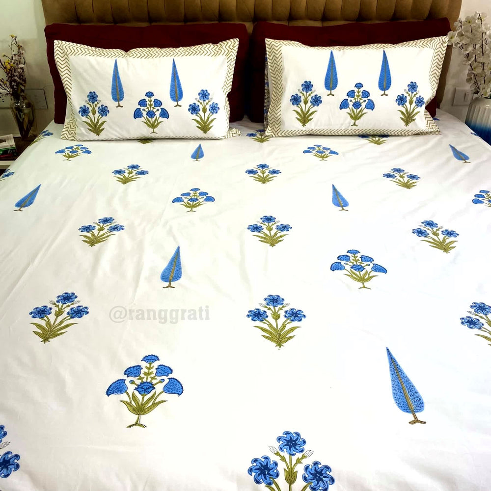 Blue Floral King Size 250 TC Bedsheet Hand Block - Bedsheet