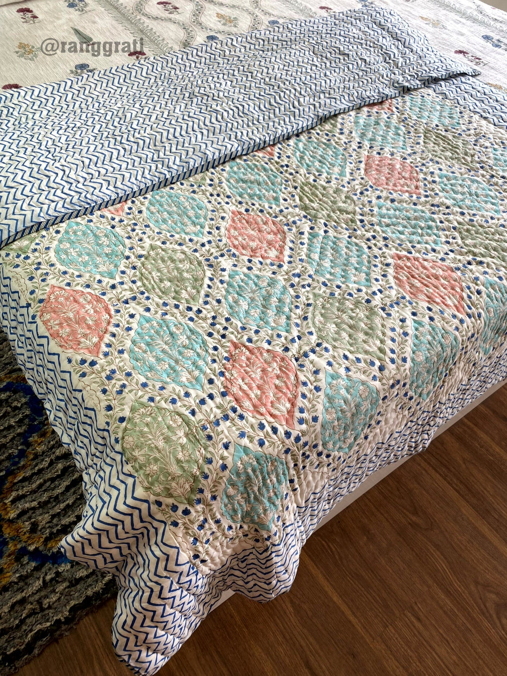 Blue Ogee Floral Single Bed Jaipuri Razai/ Quilt Cotton Hand Block - Razai