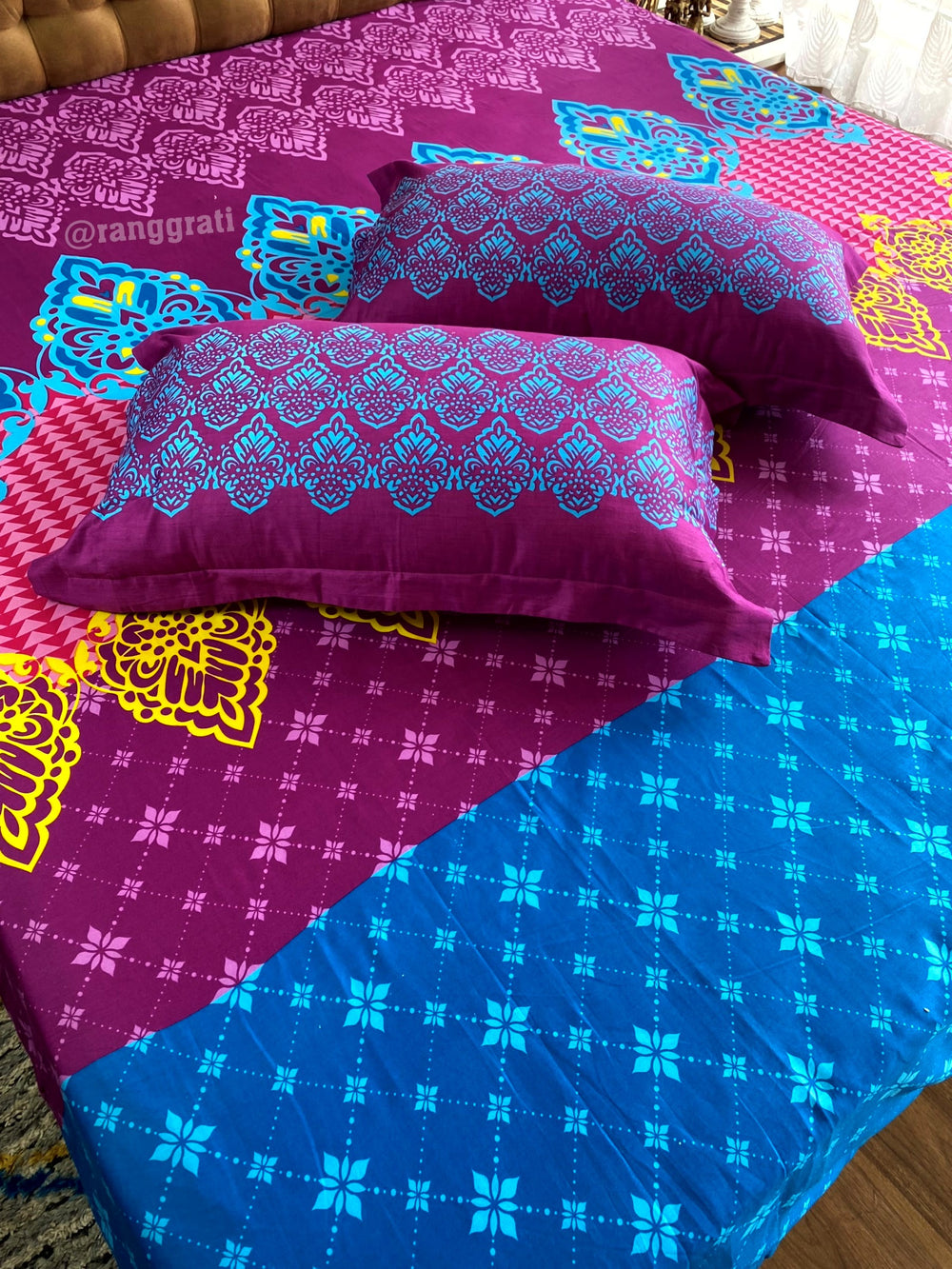 Blue Purple Geometric Double Bed Large Size Bedsheet Cotton | 108x108 inches