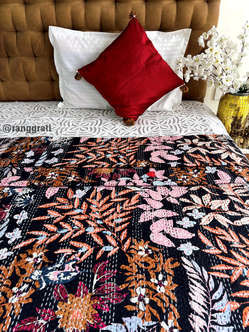 Colorful Leaves Kantha Bedcover For Double Bed King Size