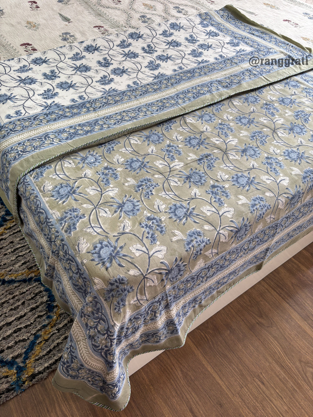 Dark Sea Green-Blue Floral Dohar For Single Bed In Mulmul Cotton Reversible