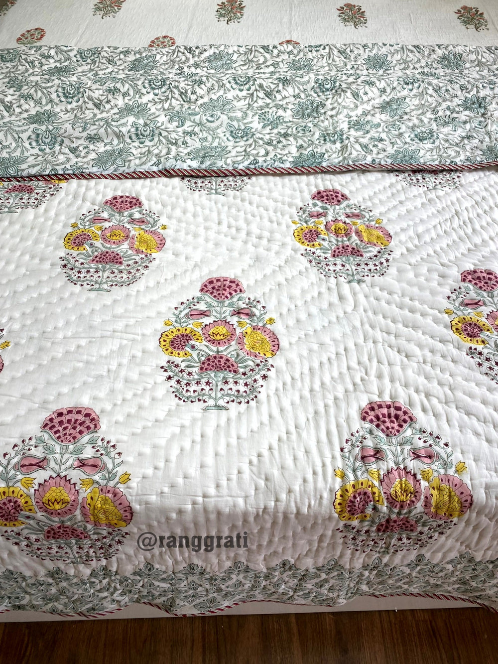 Green Border Pink-Yellow Floral Double King Razai / Quilt Cotton Hand Block Jaipuri