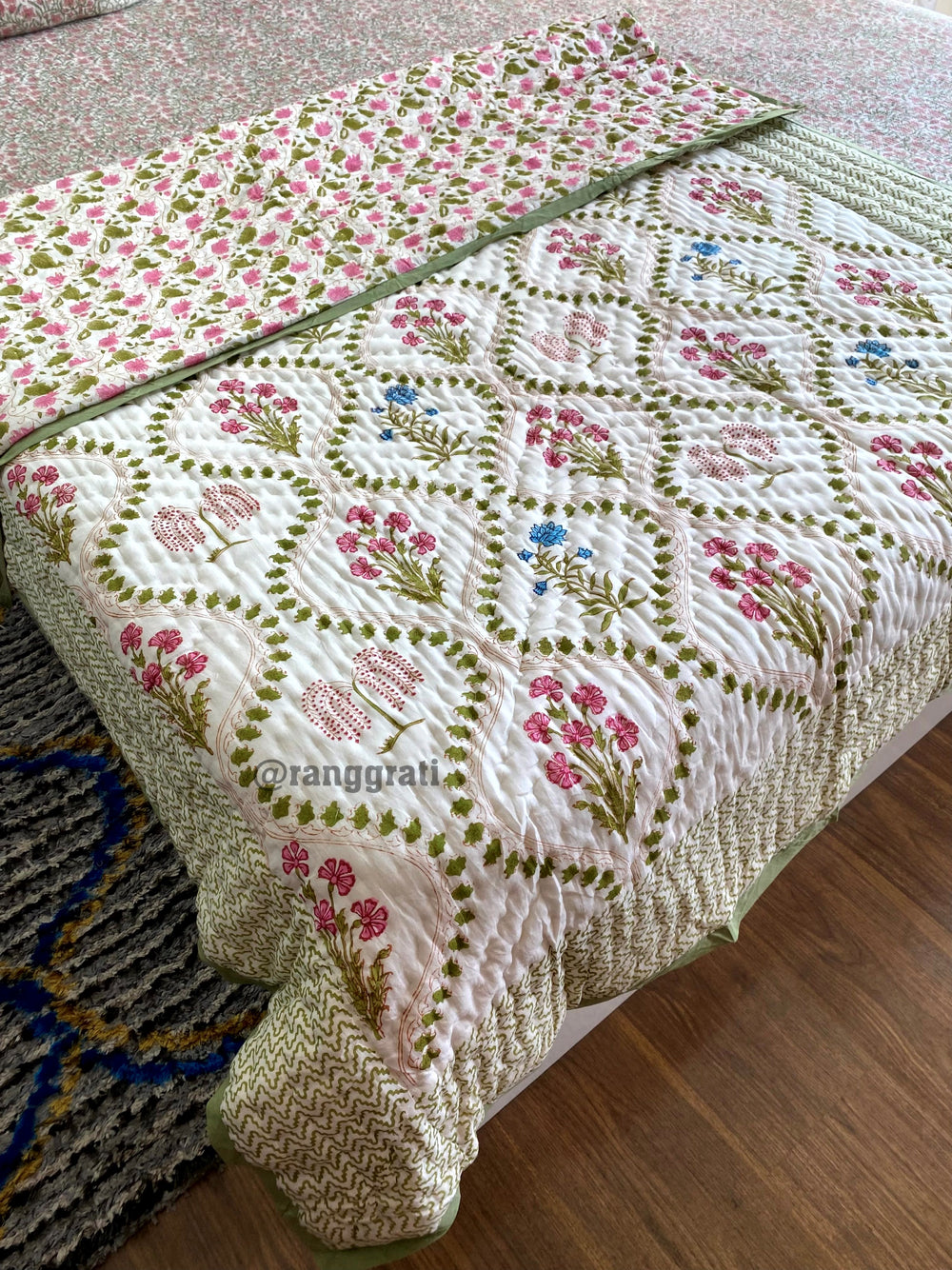 Green Jaal Pink Floral Single Bed Jaipuri Razai / Quilt Cotton Hand Block