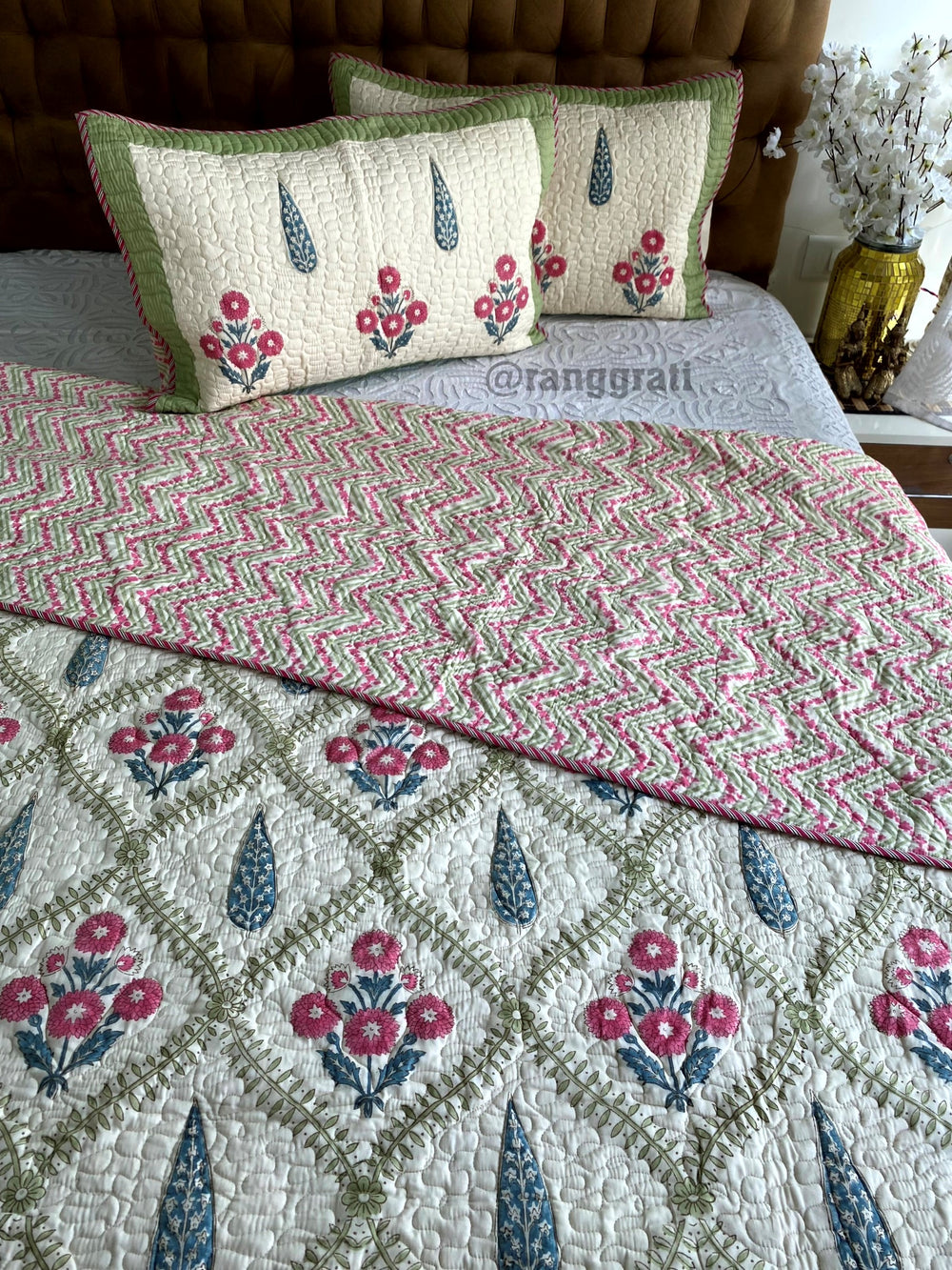 King Size Green Jaal Pink Floral Mulmul Voile Quilted Bedcover