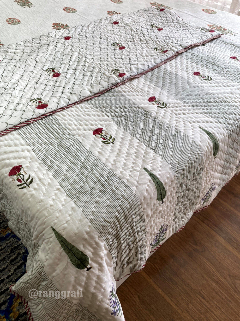 Green Stripes Red Floral Single Bed Jaipuri Razai / Quilt Cotton Hand Block