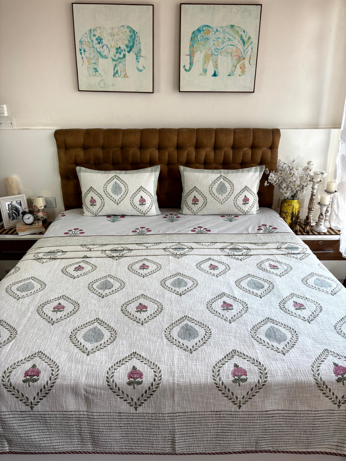Premium Padma Vana hand block printed ivory jute cotton king size bedcover adding botanical elegance to luxury bedroom décor.
