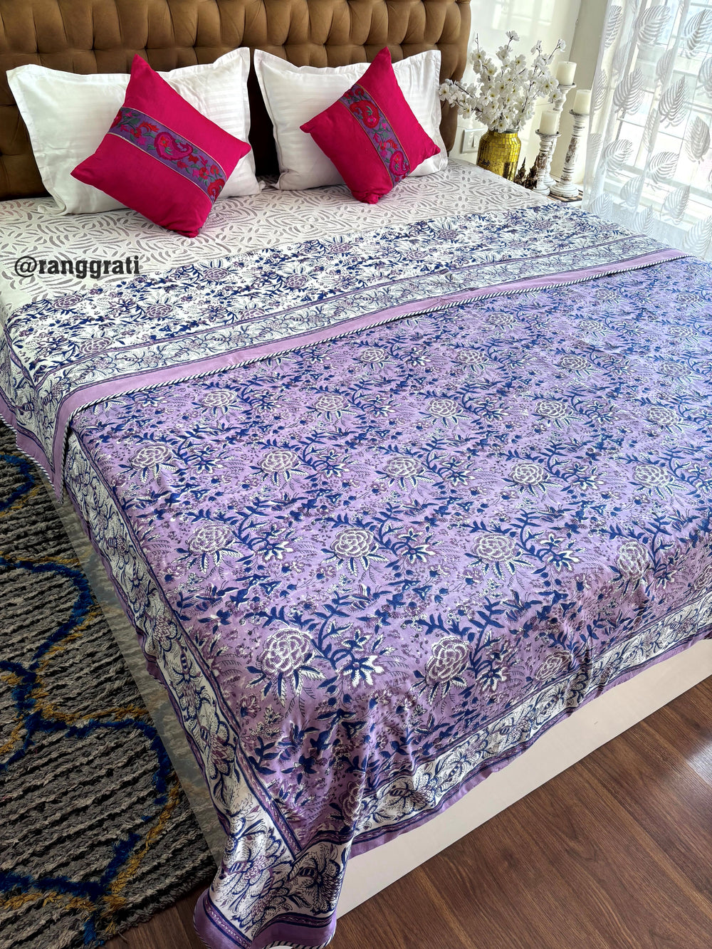 Purple Floral Double Dohar For Double Bed In Mulmul Cotton