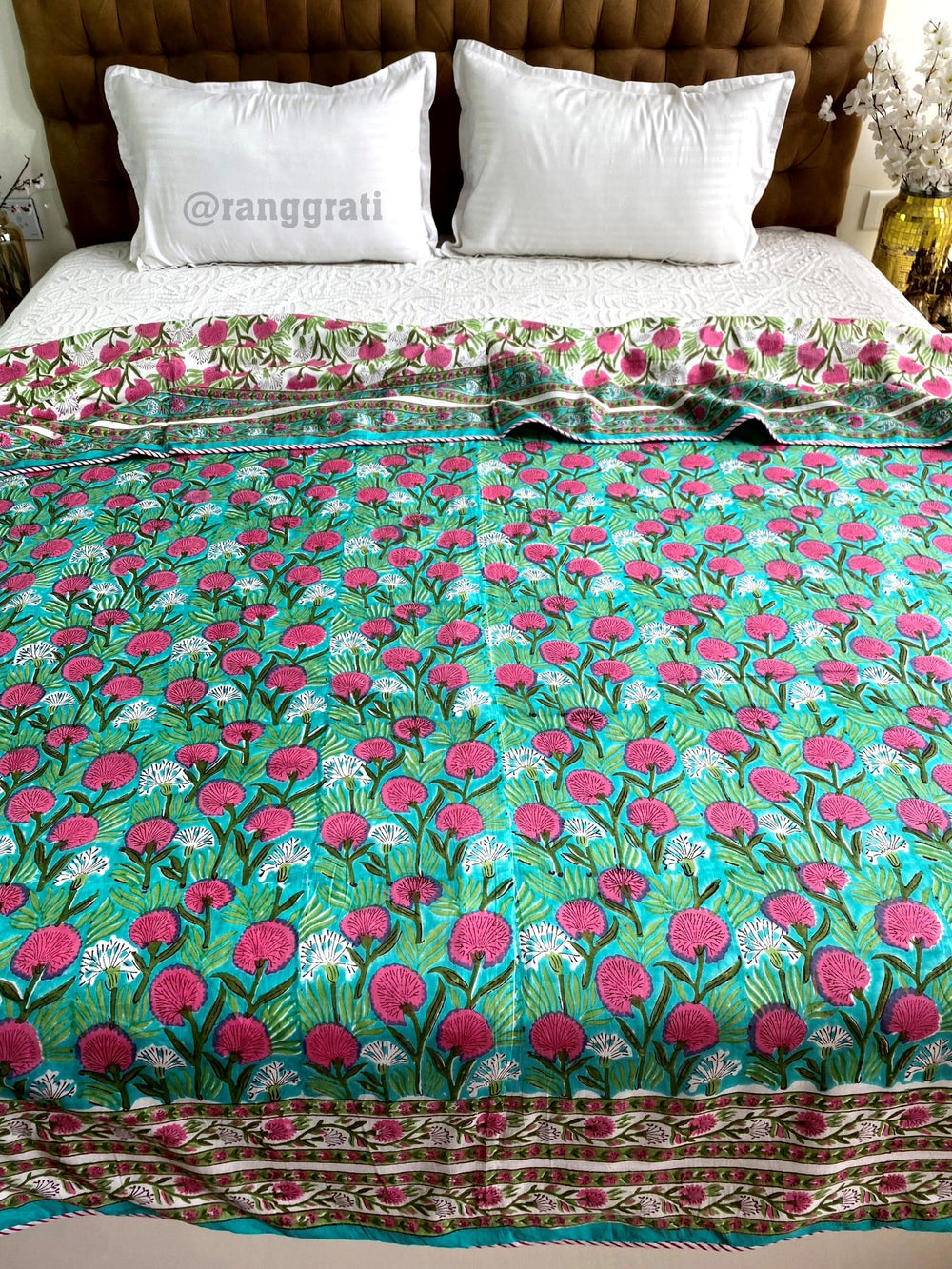 Teal And Pink Floral Dohar For Double Bed In Mulmul Cotton Blanket - Dohar