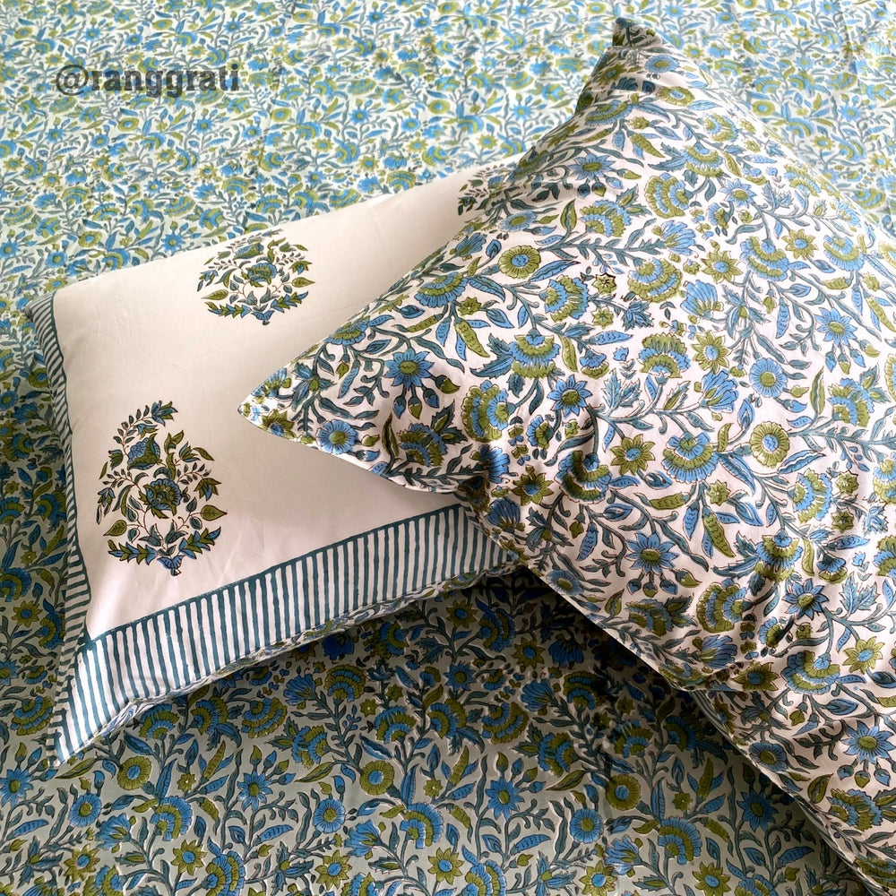Teal Floral Super King Size 250 TC Bedsheet Cotton Hand Block - Bedsheet
