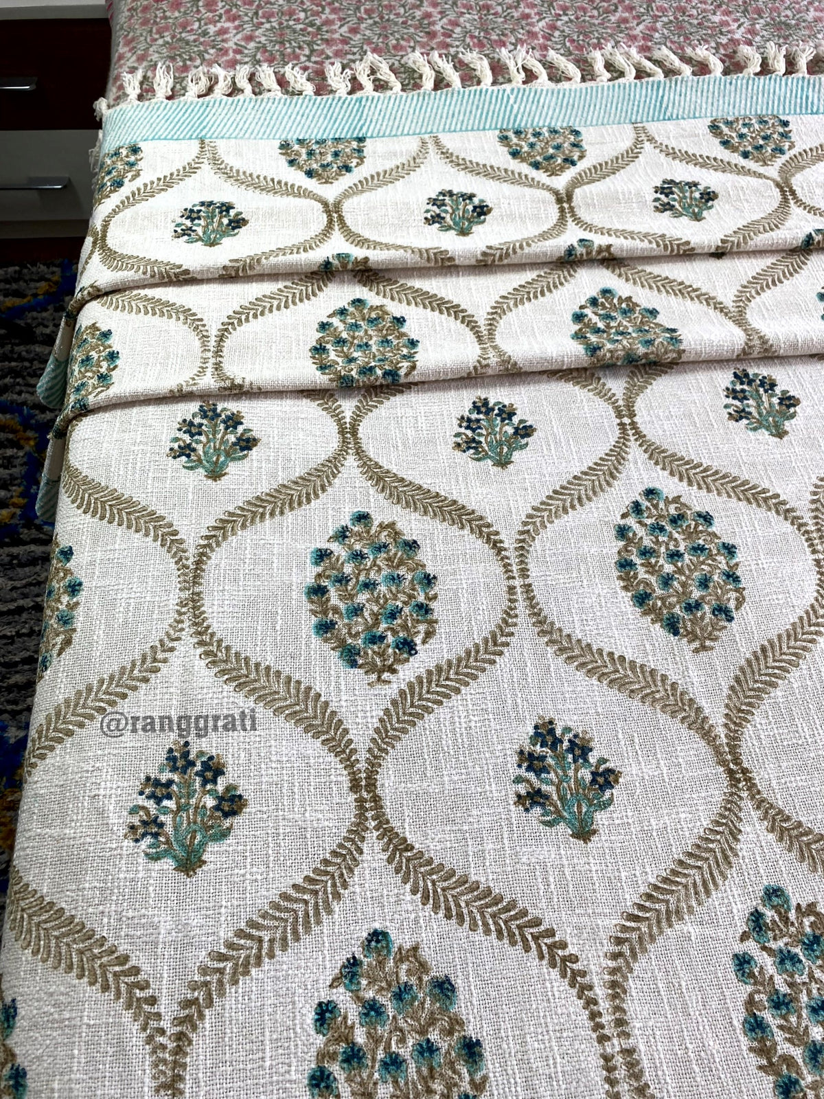 Turquoise Floral Hand Block Jute Cotton Sofa Throw - close-up of print