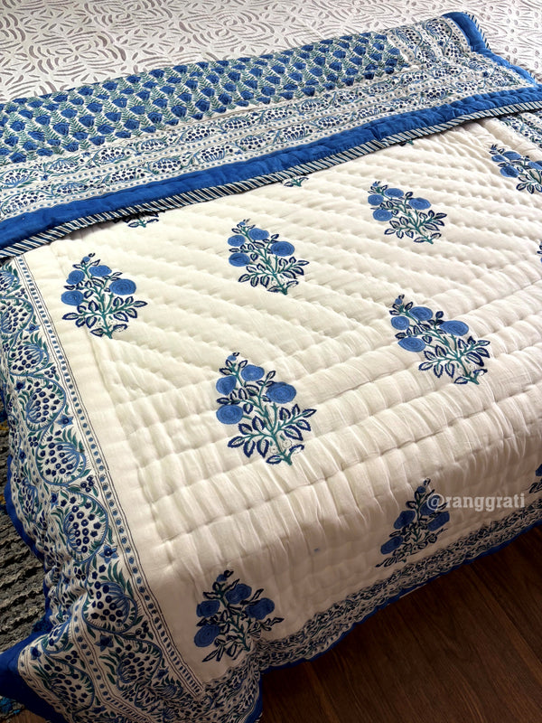 Azure Blue Floral Single Bed Jaipuri Razai / Quilt Cotton Hand Block Reversible