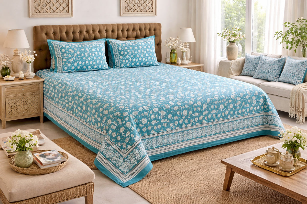Bedroom dressed in a teal floral hand block printed cotton bedsheet