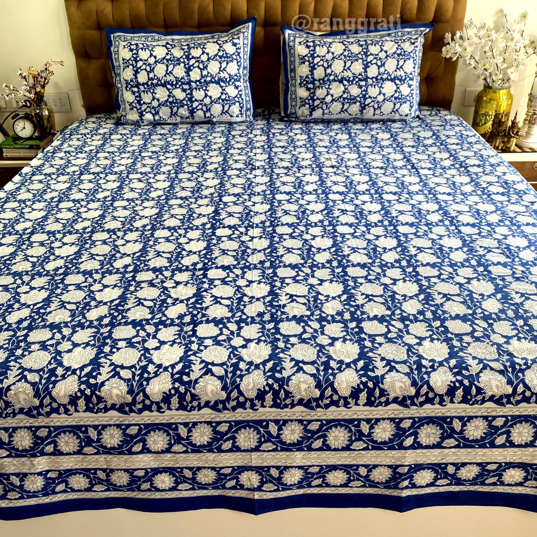Blue World Floral King Size 250 TC Bedsheet Hand Block