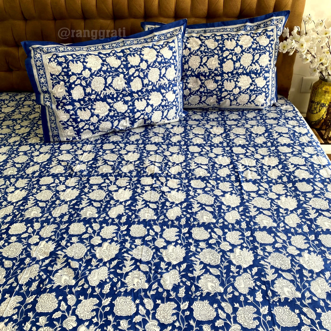 Blue World Floral King Size 250 TC Bedsheet