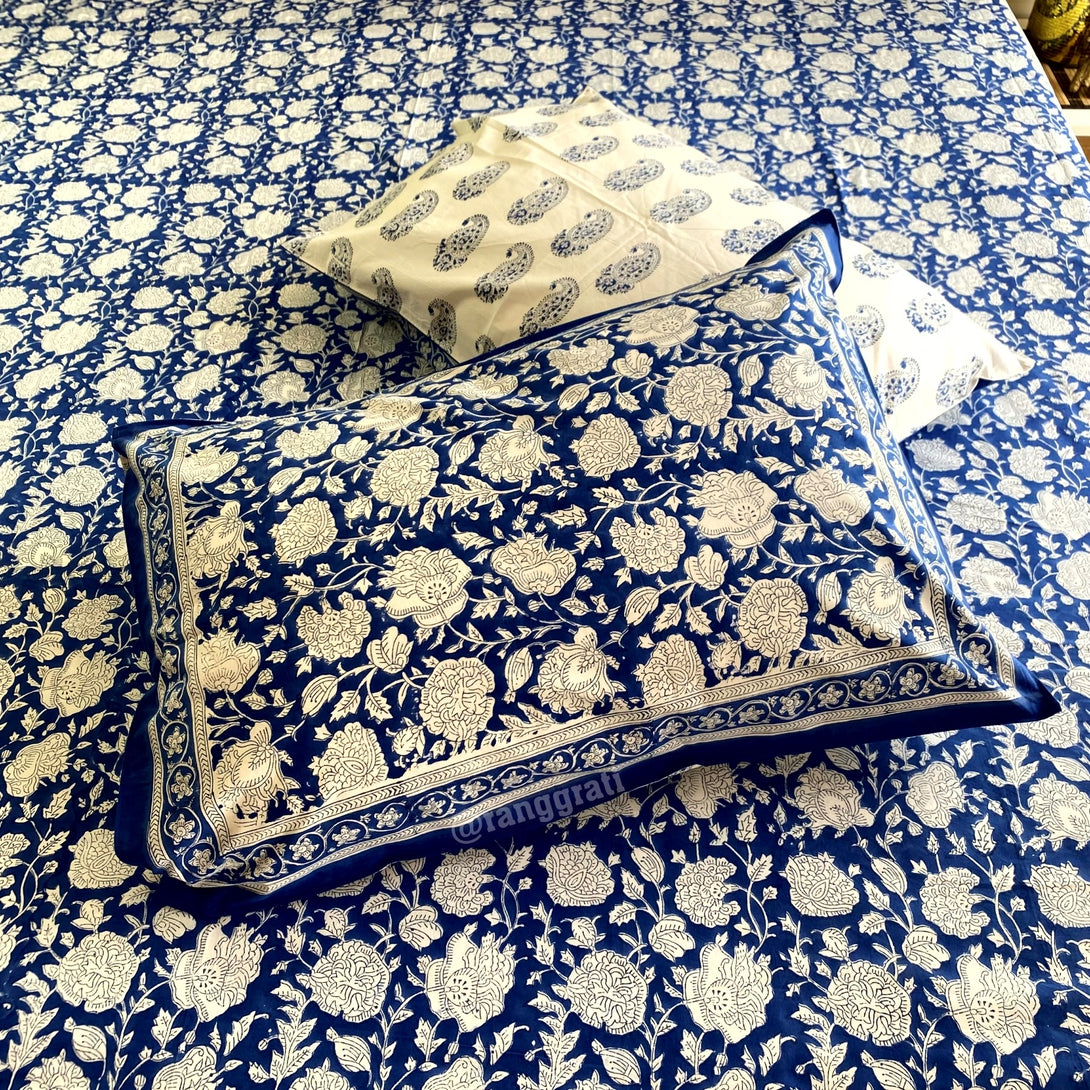 Cotton Blue World Floral King Size 250 TC Bedsheet Hand Block