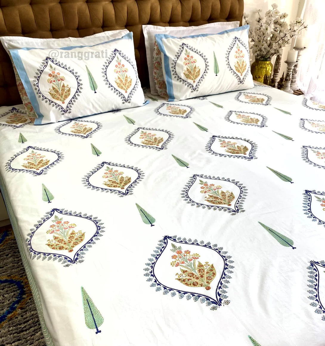 Blue Bell Harmony King Size 250 TC Bedsheet Pure Cotton Hand Block