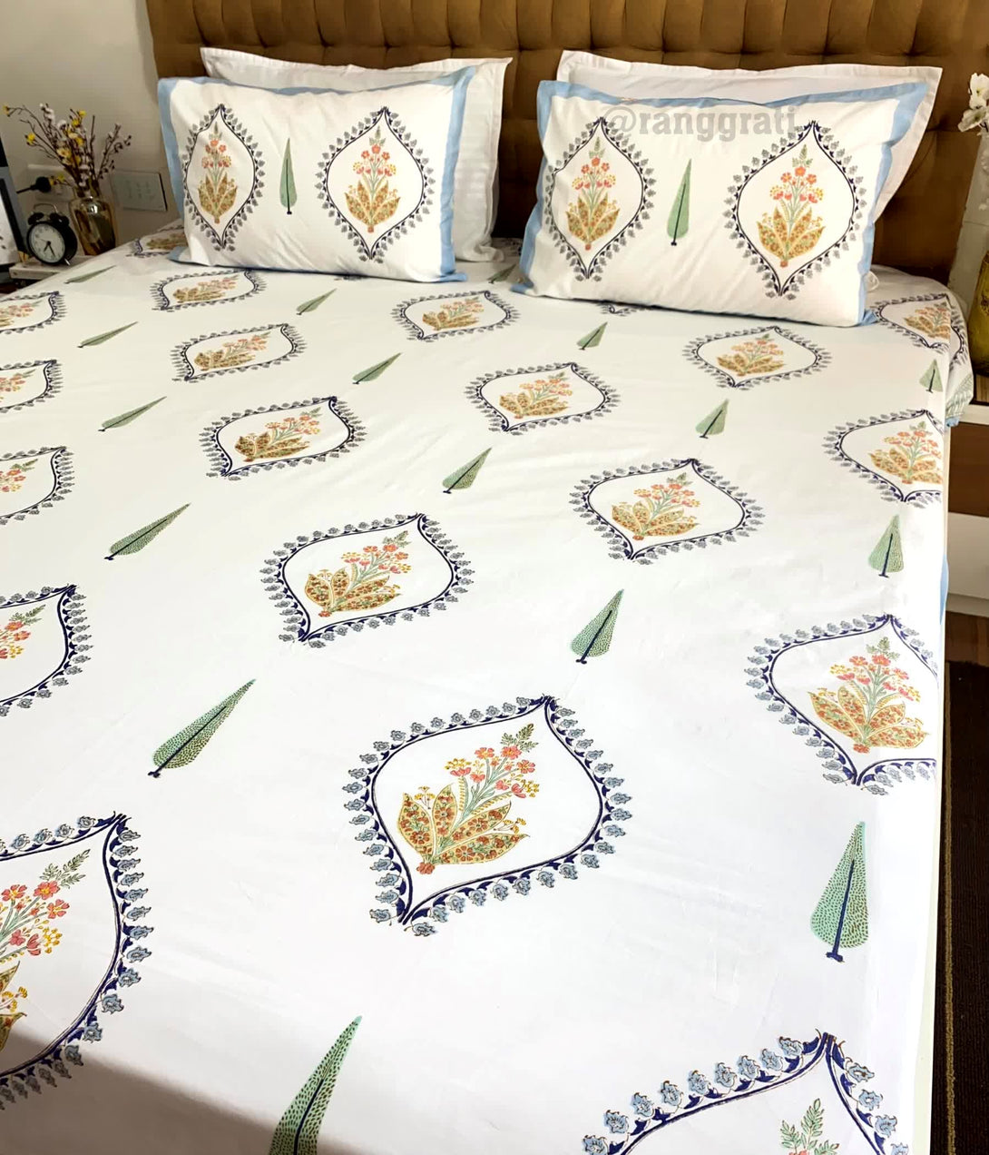 250 TC Blue Bell Harmony King Size Bedsheet Pure Cotton Hand Block