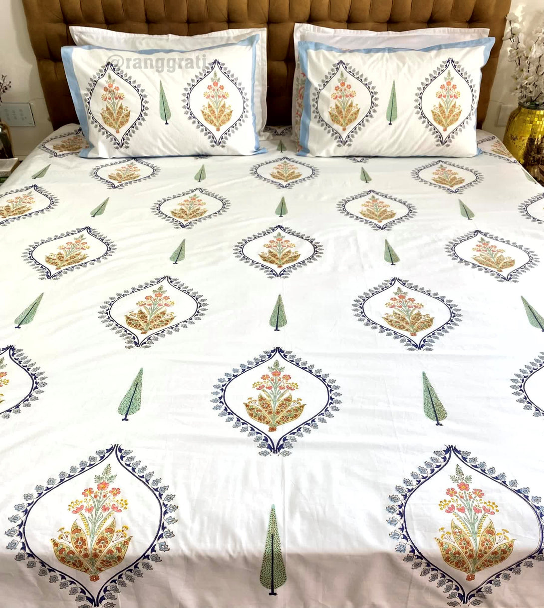 Hand Block Blue Bell Harmony King Size 250 TC Bedsheet Pure Cotton 