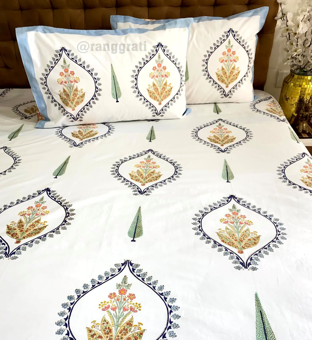 Pure Cotton Blue Bell Harmony King Size 250 TC Bedsheet Hand Block