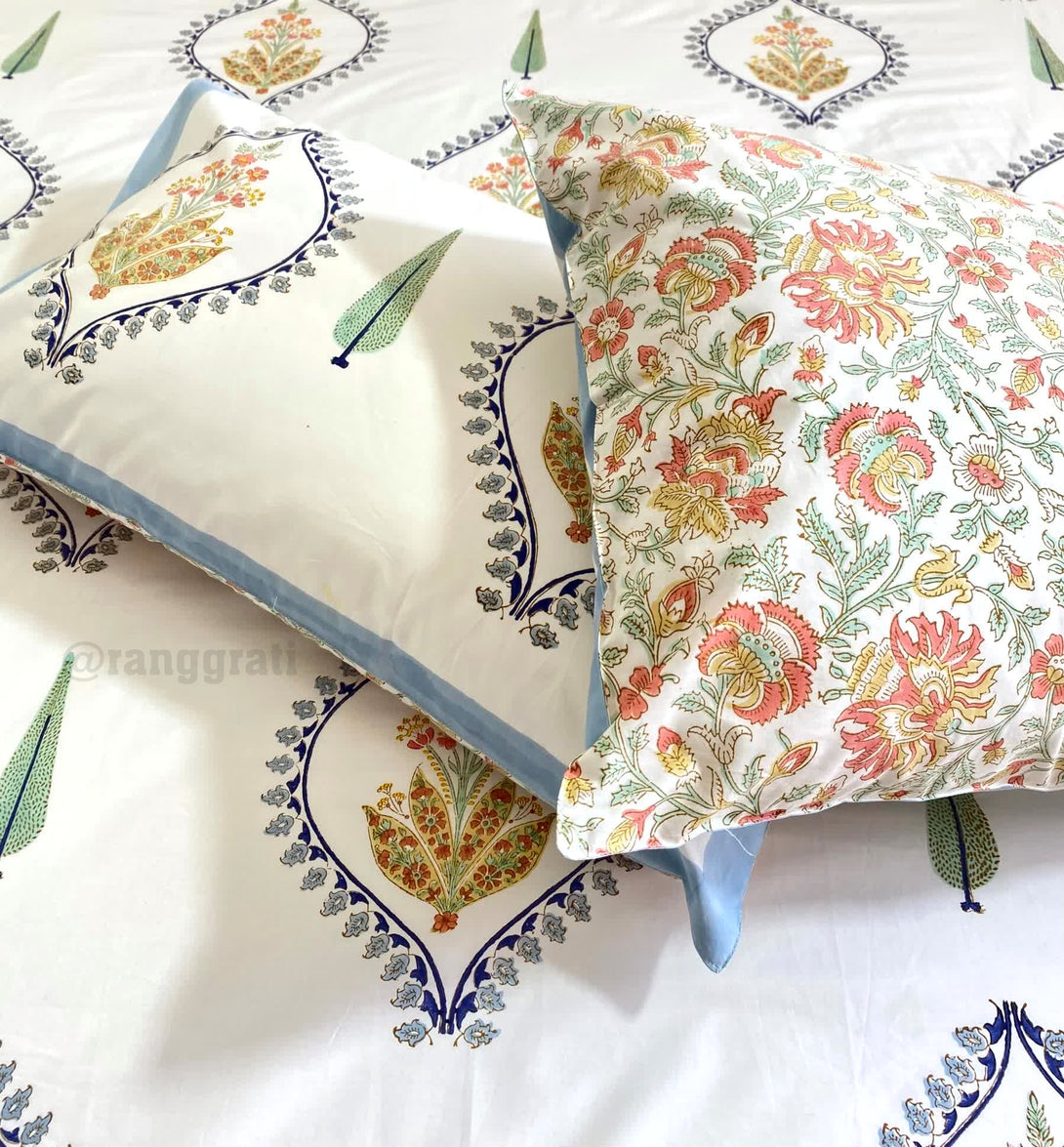 King Size Blue Bell Harmony 250 TC Bedsheet Pure Cotton Hand Block