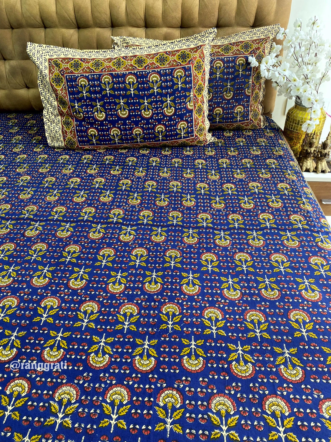 Blue Floral Jaipuri Cotton Bedsheet King Size
