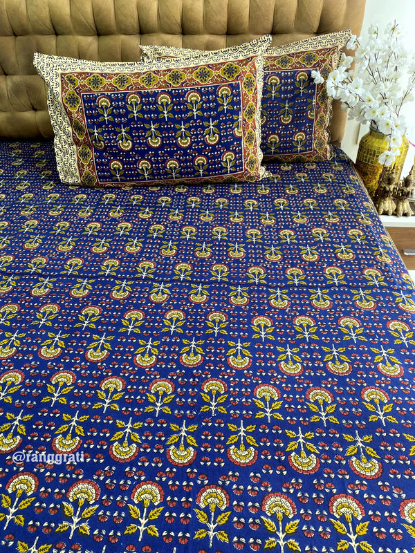 Blue Floral Jaipuri Cotton Bedsheet King Size