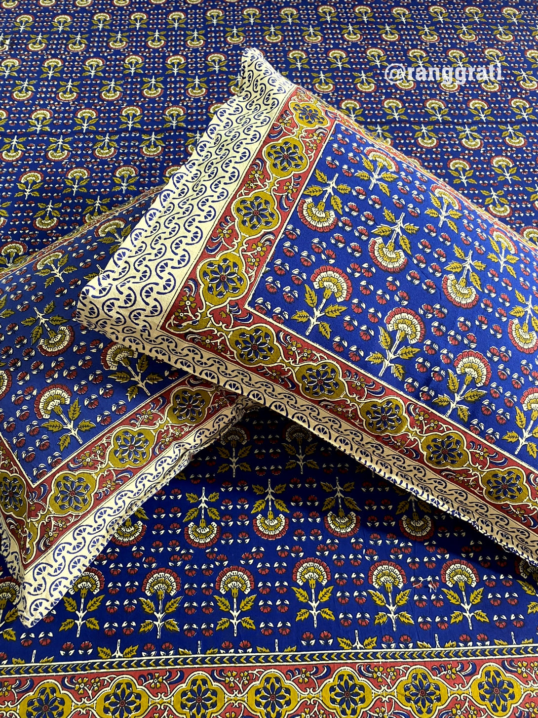 Blue Floral Jaipuri Cotton Bedsheet King Size With Pillow Covers