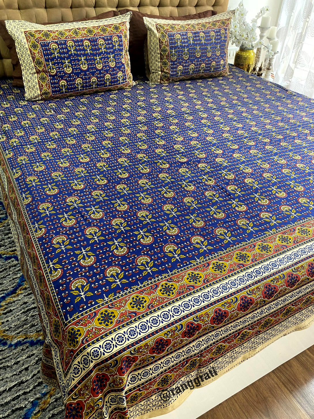 King Size Blue Floral Jaipuri Cotton Bedsheet