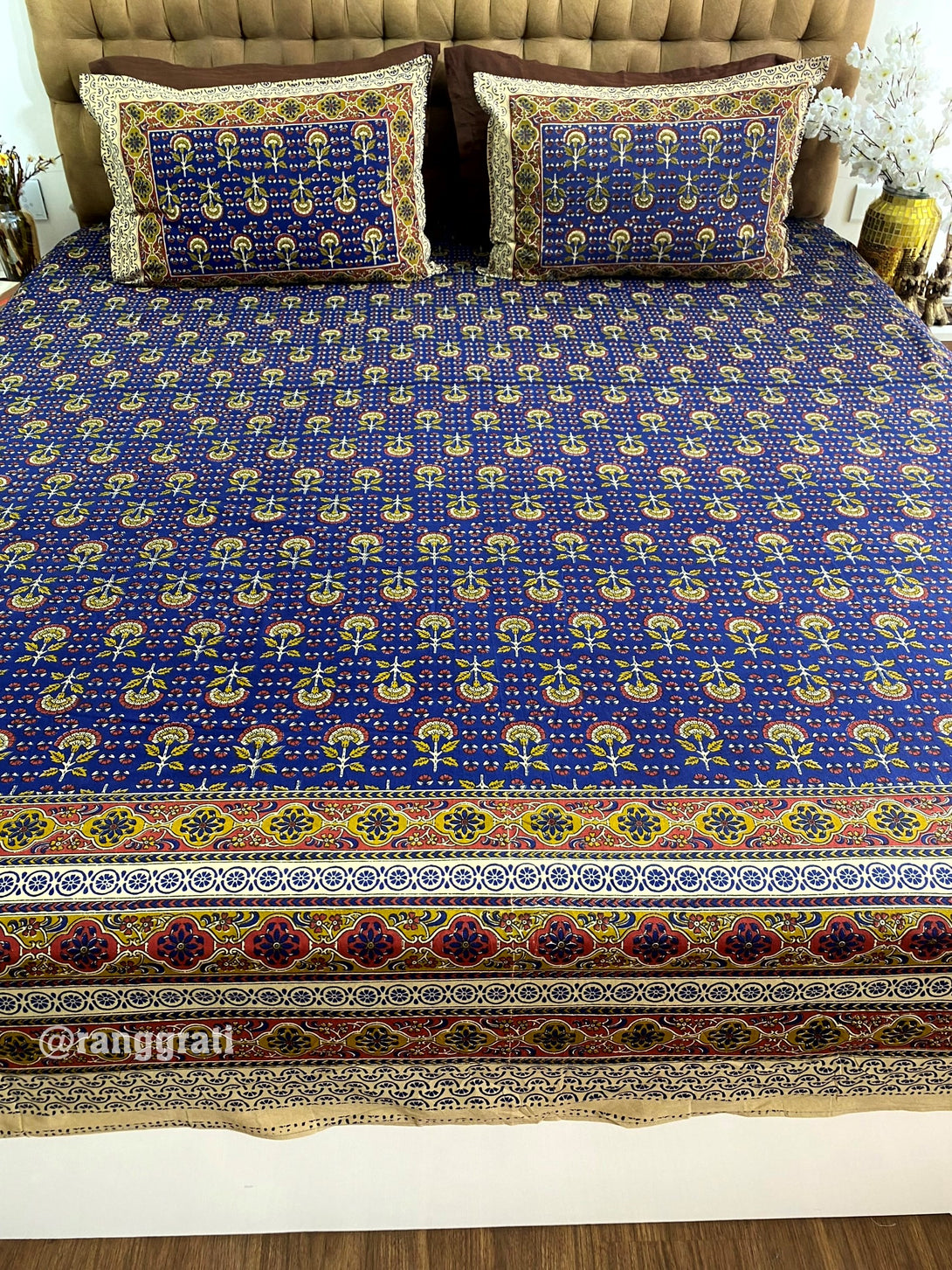 Blue Floral King Size Jaipuri Cotton Bedsheet 