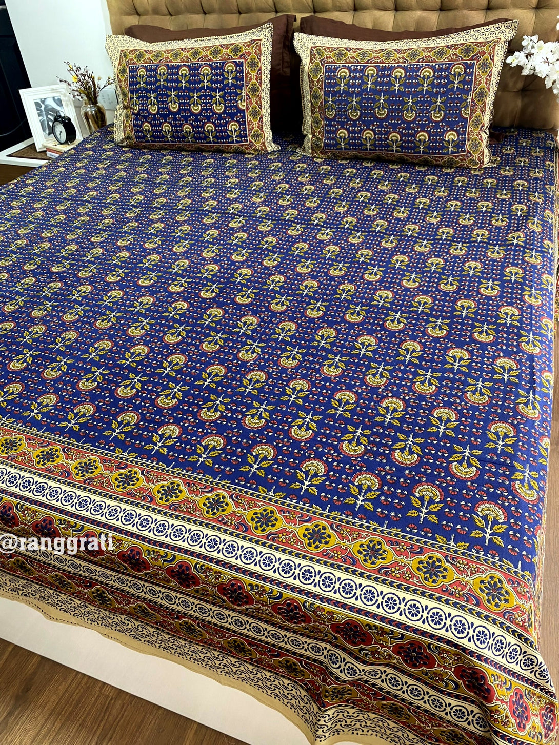 Jaipuri Cotton Blue Floral Bedsheet King Size