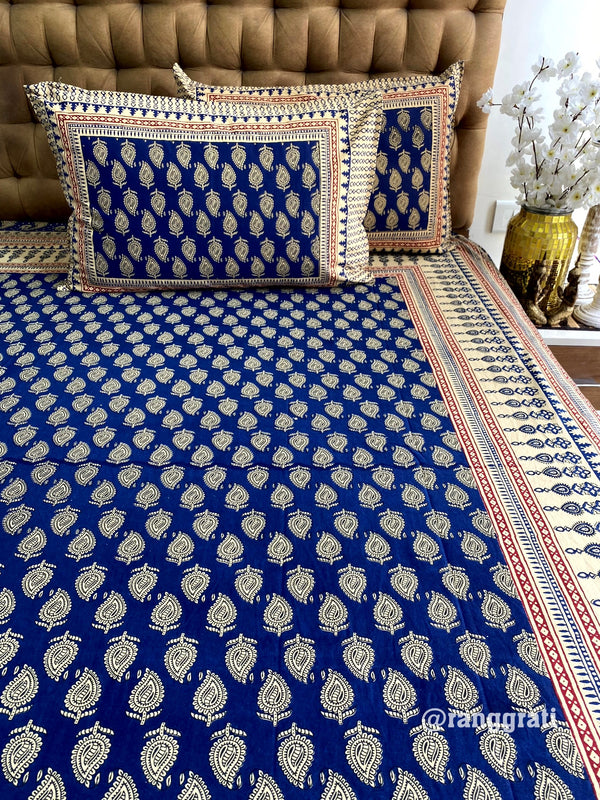 Blue Paisley Jaipuri Cotton Bedsheet King Size
