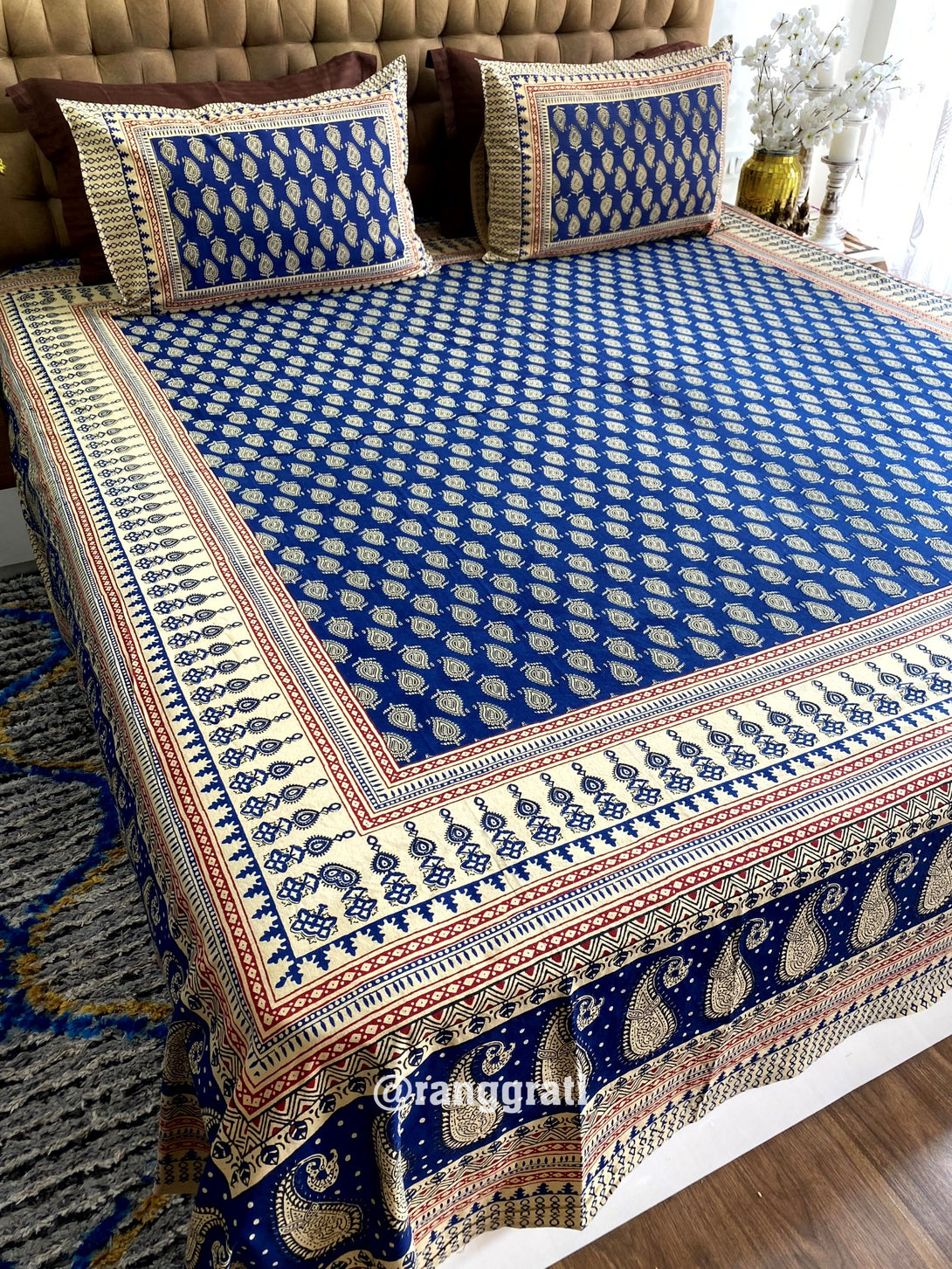 King Size Blue Paisley Jaipuri Cotton Bedsheet
