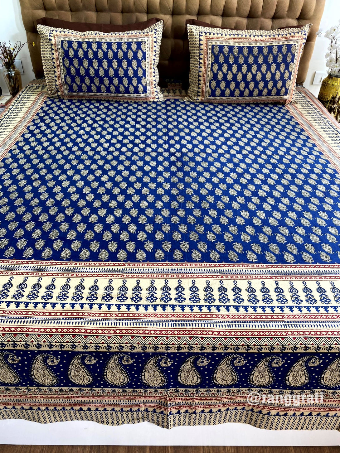 Blue Paisley King Size Jaipuri Cotton Bedsheet 