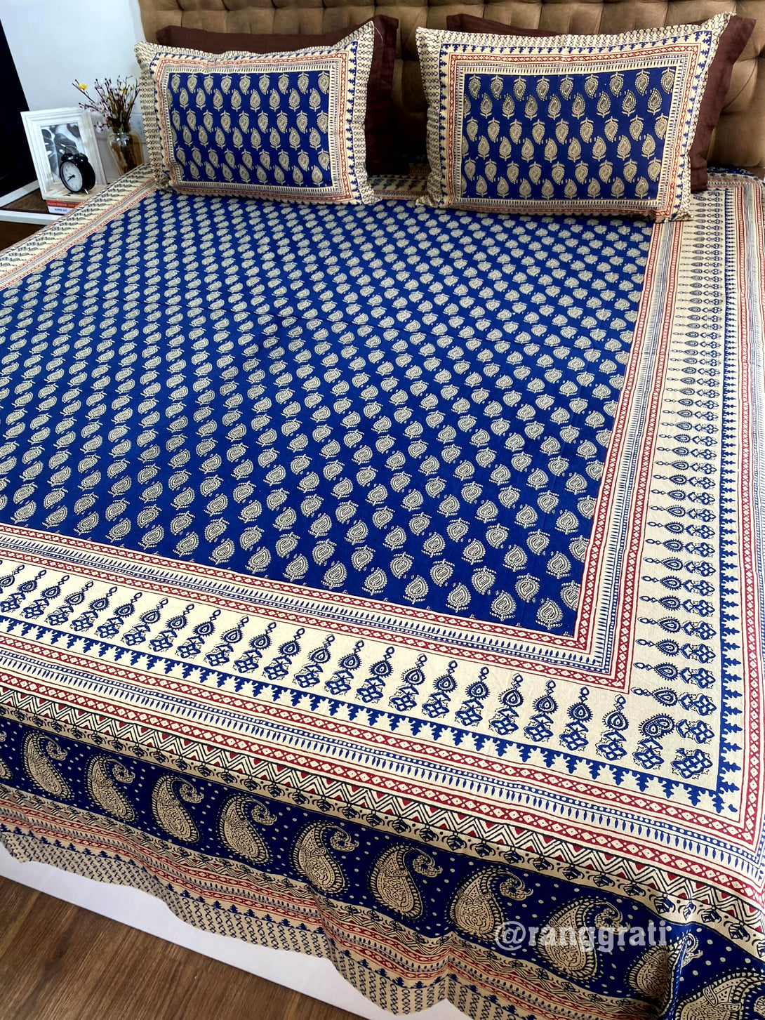 Jaipuri Cotton Blue Paisley Bedsheet King Size