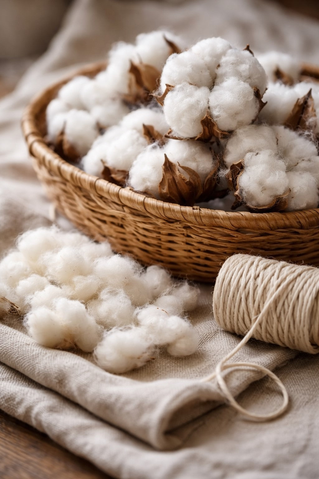 Raw cotton bolls in a basket with cotton thread and fabric