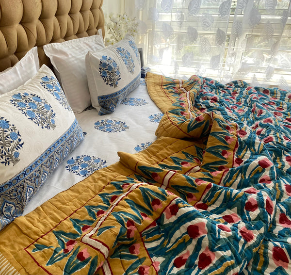 Multi Color Double Razai Hand Block Print Mulmul Cotton