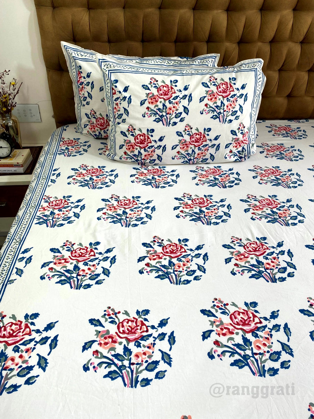 Red Rose Blue Border Cotton Elastic Fitted Bedsheet King Size Hand Block