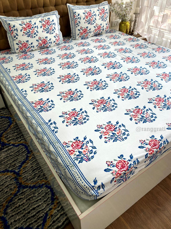 Red Rose Blue Border Cotton Elastic Fitted Bedsheet Hand Block King Size