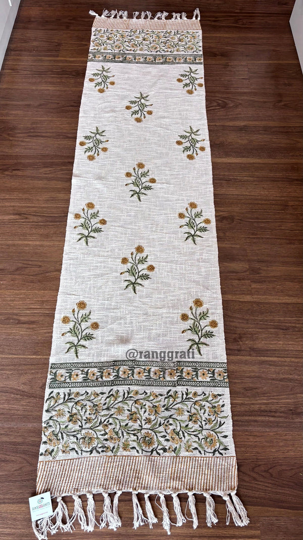 Amber Color Floral Jute Cotton Table Runner For 6 Seater Dining Table - Table Runner