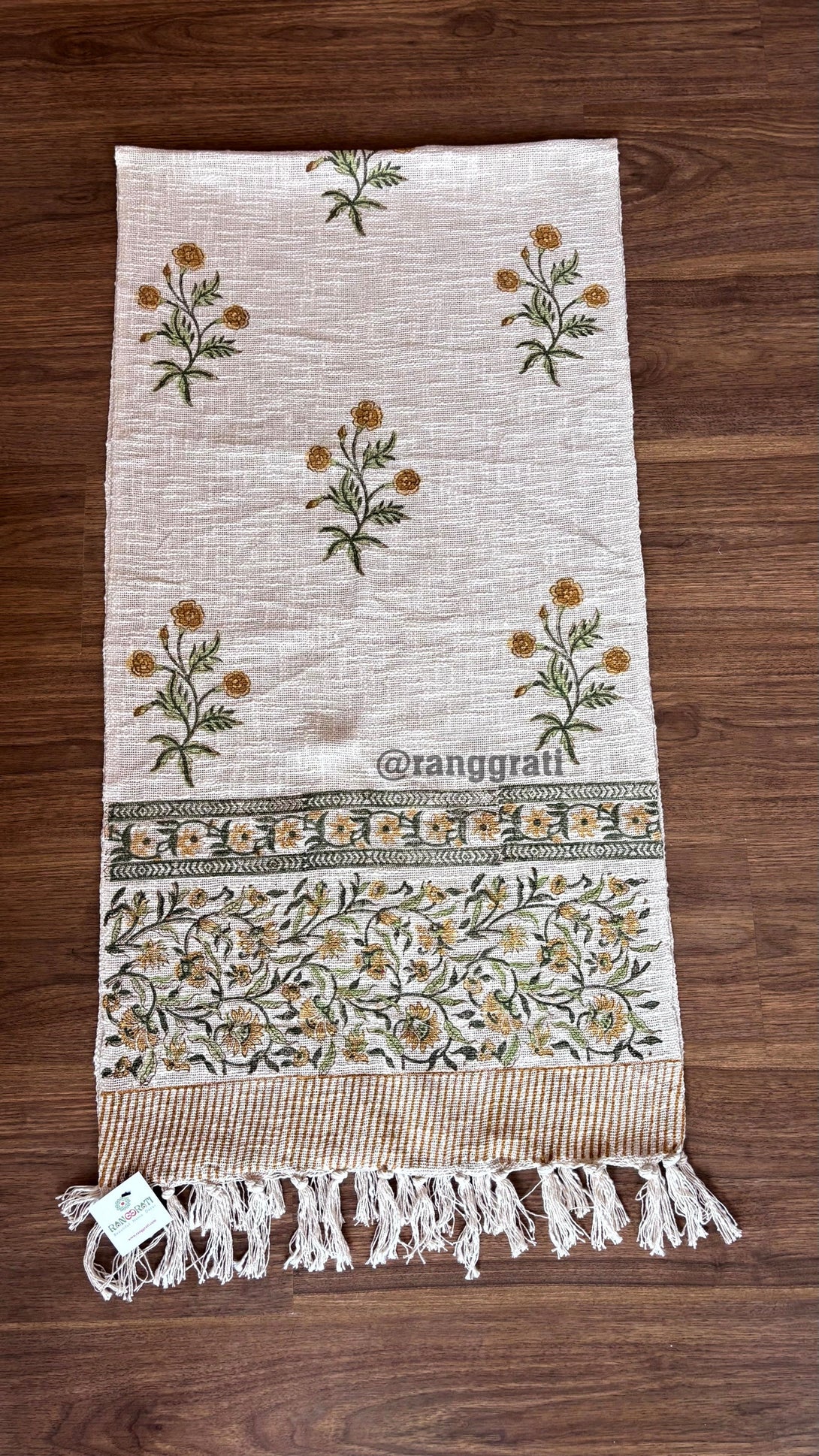Amber Color Floral Jute Cotton Table Runner For 6 Seater Dining Table - Table Runner