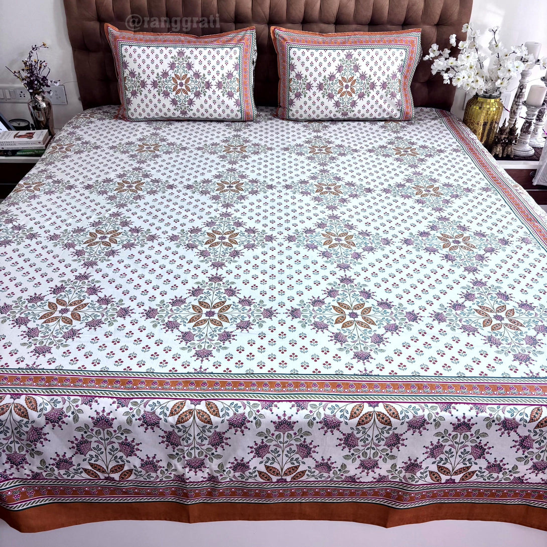Amber Color Geometric Jaipuri Cotton Bedsheet Super King Size - Bedsheet