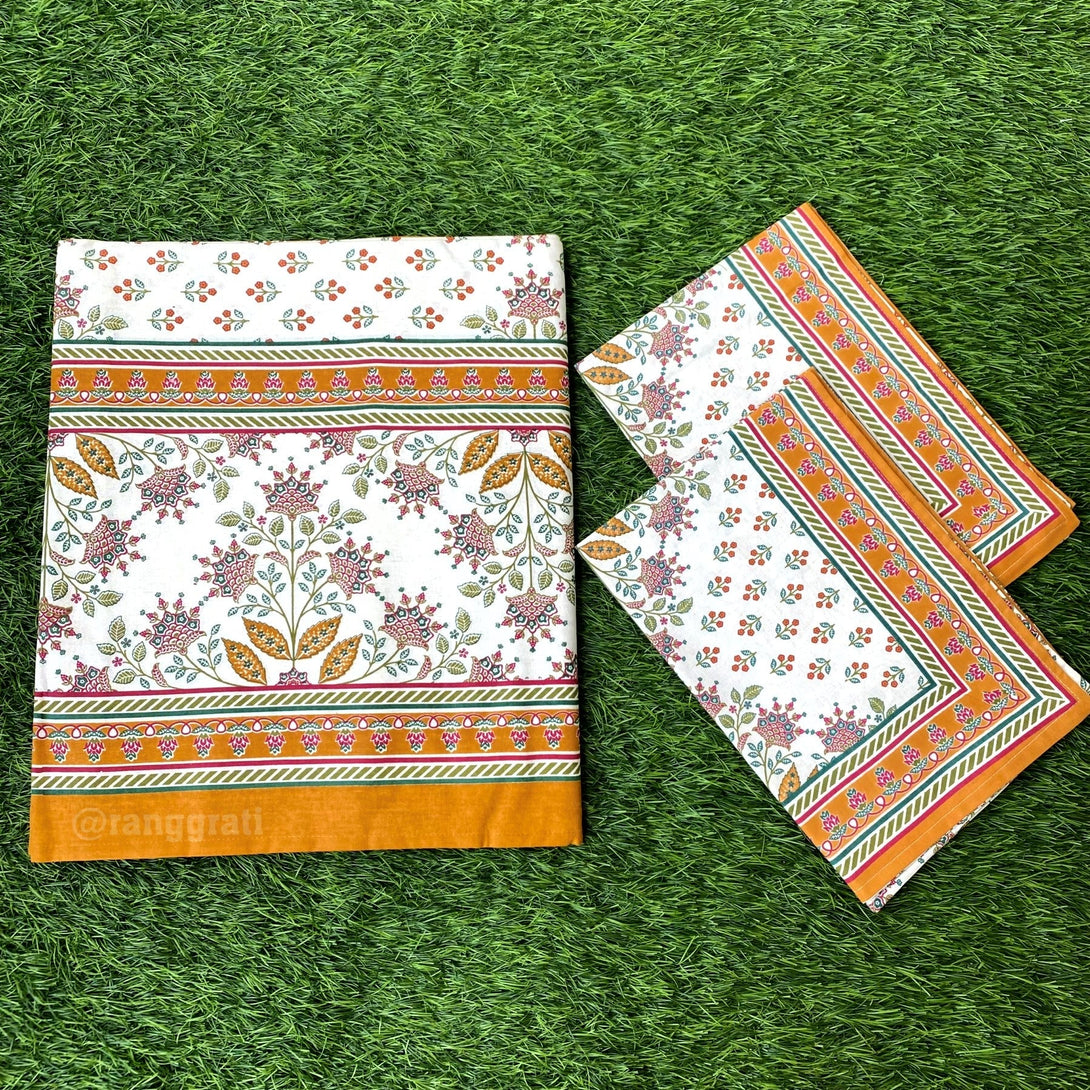 Amber Color Geometric Jaipuri Cotton Bedsheet Super King Size - Bedsheet