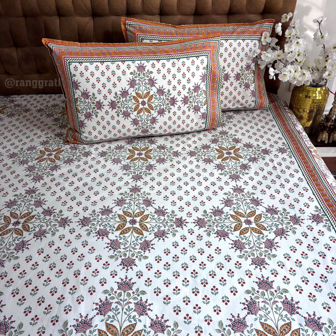 Amber Color Geometric Jaipuri Cotton Bedsheet Super King Size