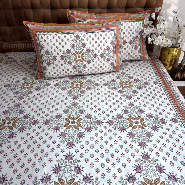 Amber Color Geometric Jaipuri Cotton Bedsheet Super King Size