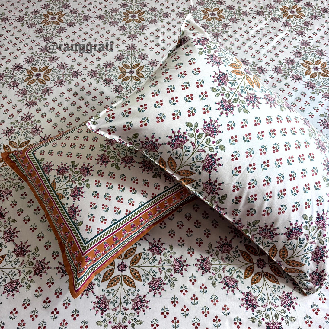 Amber Color Geometric Jaipuri Cotton Bedsheet Super King Size With Pillow Cases