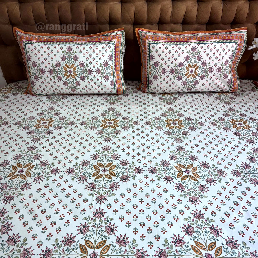 Super King Size Amber Color Geometric Jaipuri Cotton Bedsheet 