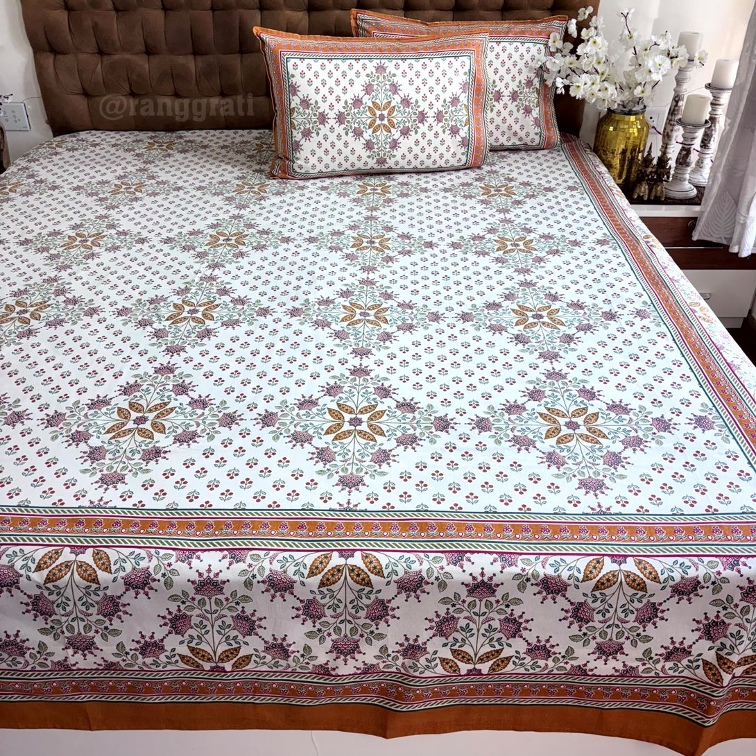 Jaipuri Cotton Amber Color Geometric Bedsheet Super King Size