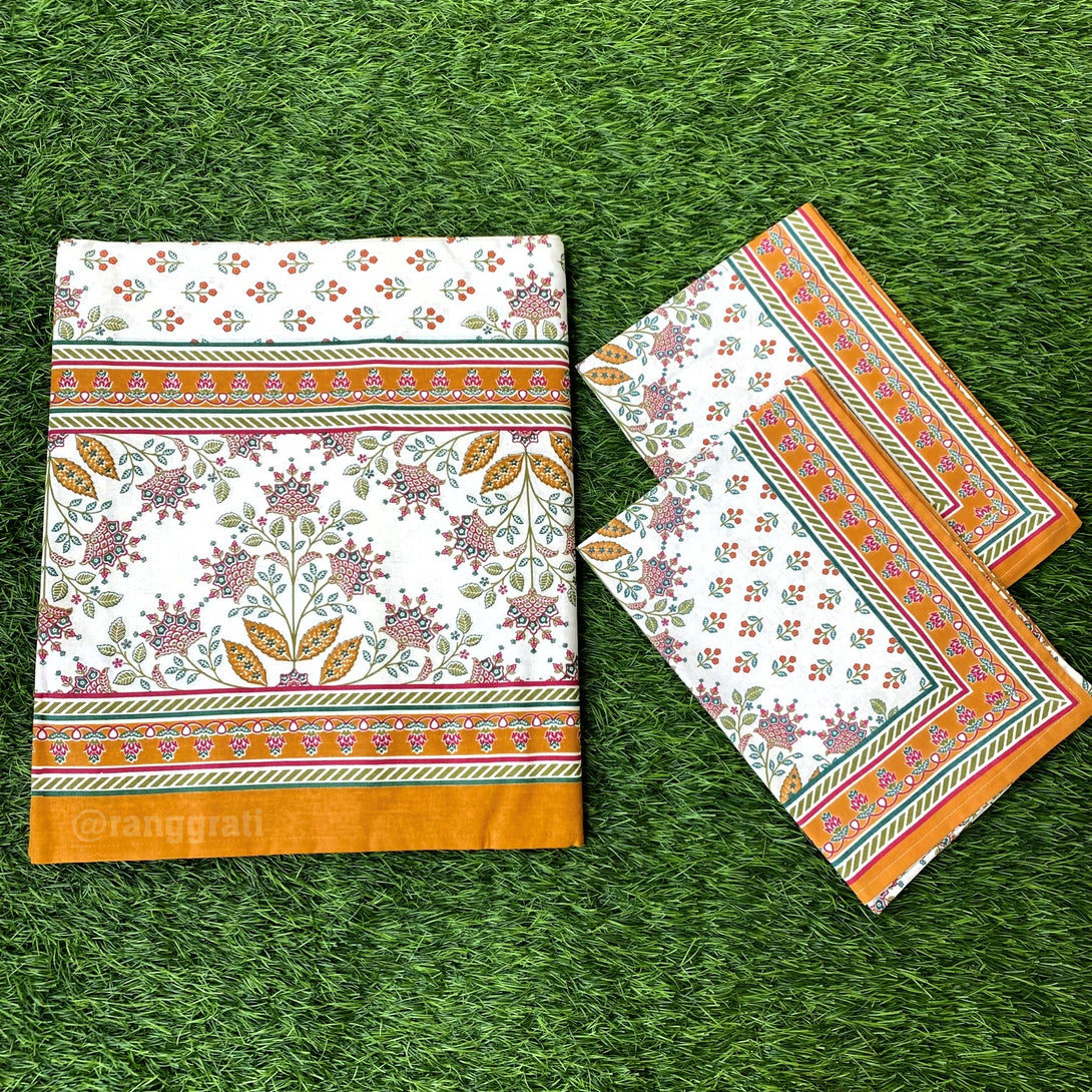 Jaipuri Cotton Bedsheet Amber Color Geometric Super King Size